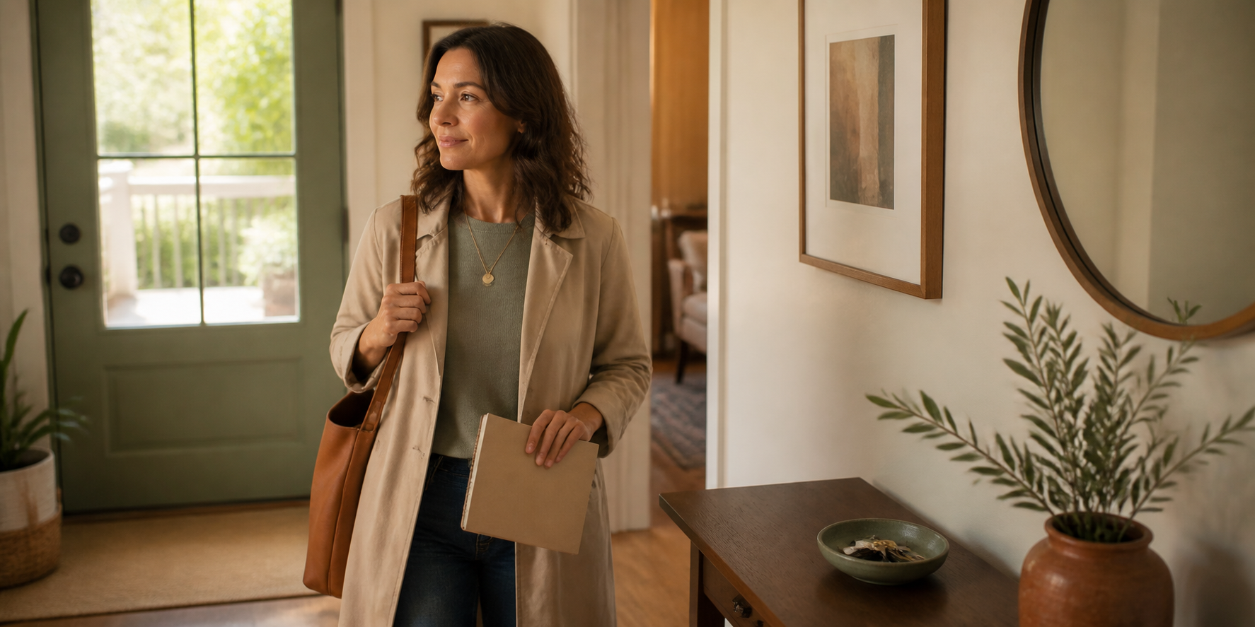 Woman at home holding a blank notebook before leaving