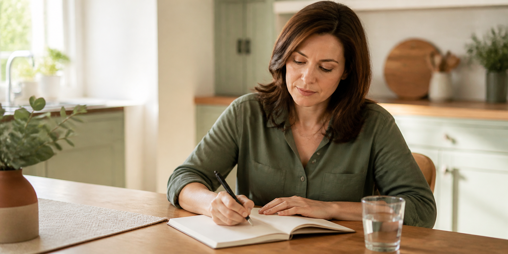 Woman writing a few notes in a blank notebook at a kitchen table