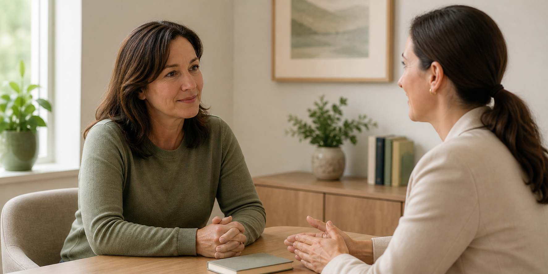Woman having a calm conversation with a healthcare professional across a desk