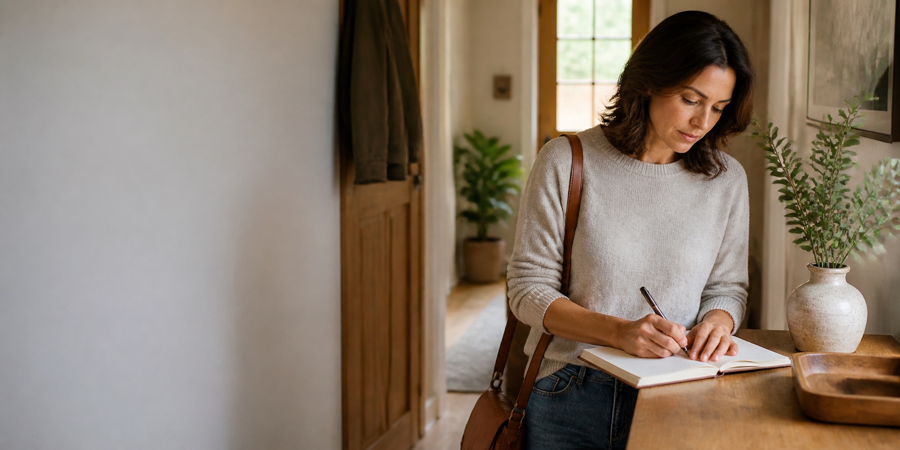 Woman writing a few private symptom notes before leaving home