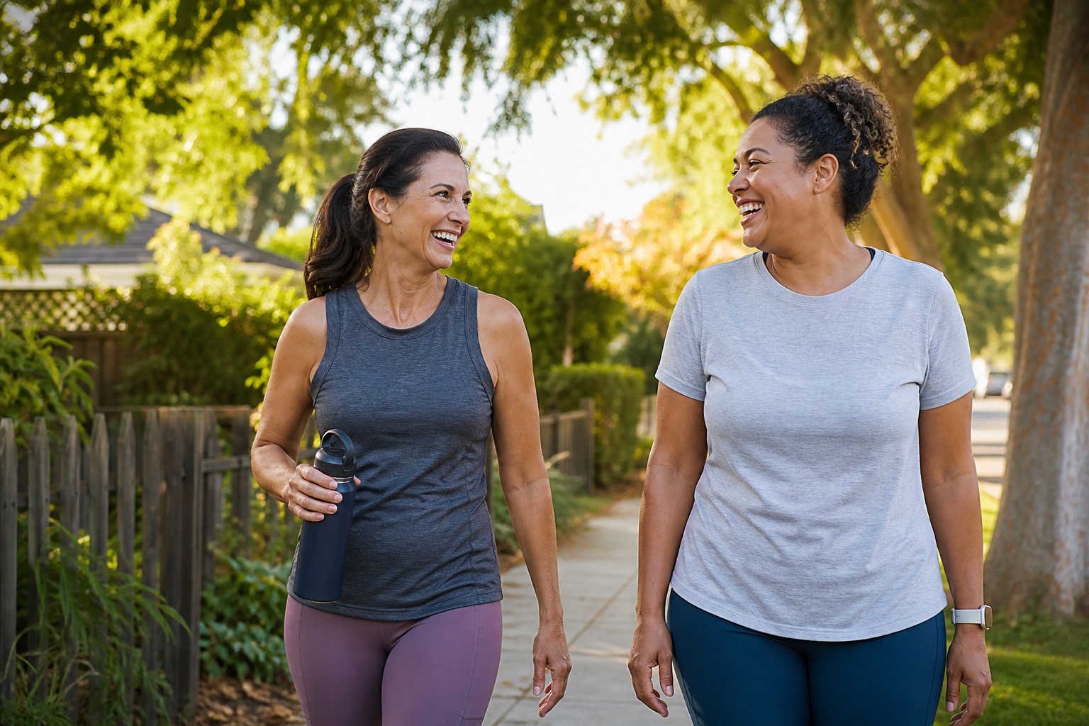 Two friends laughing during a relaxed neighborhood walk