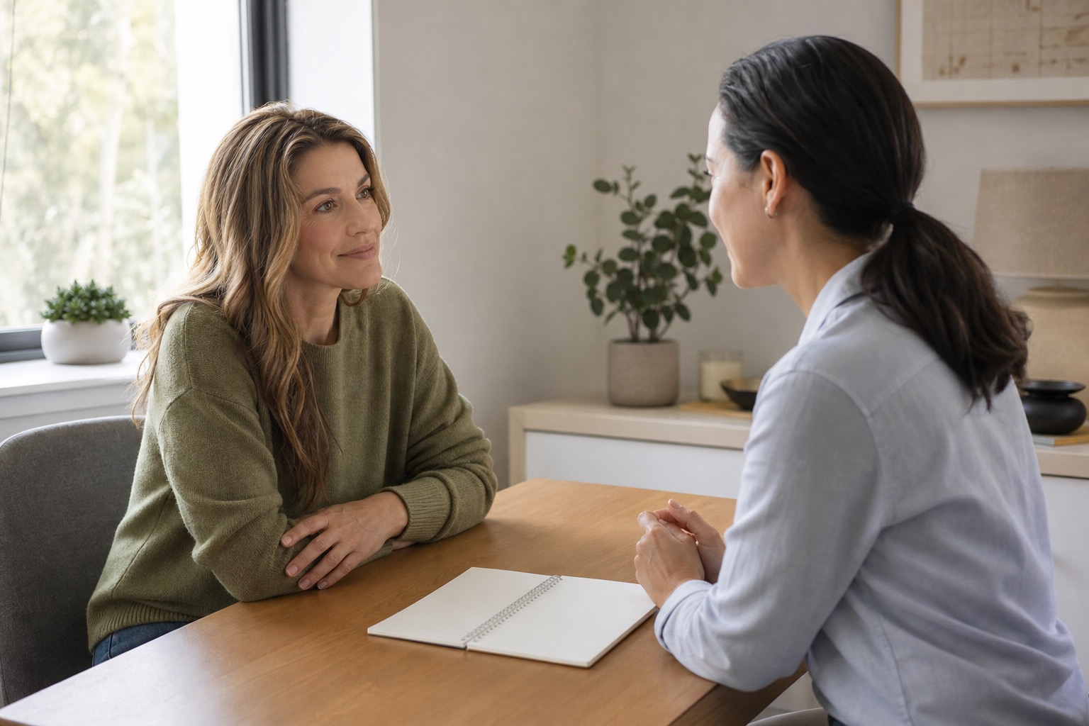 Woman having a calm conversation with a healthcare professional across a table