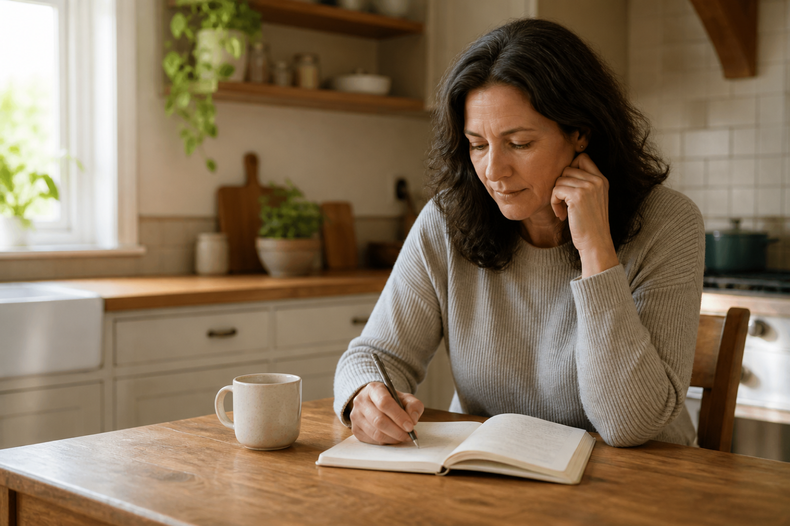 Woman reviewing private symptom notes at a kitchen table during perimenopause