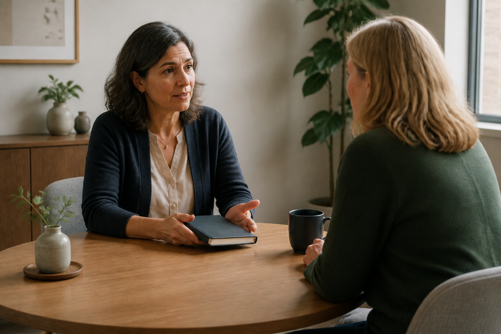 Woman having a calm conversation with a healthcare professional across a table