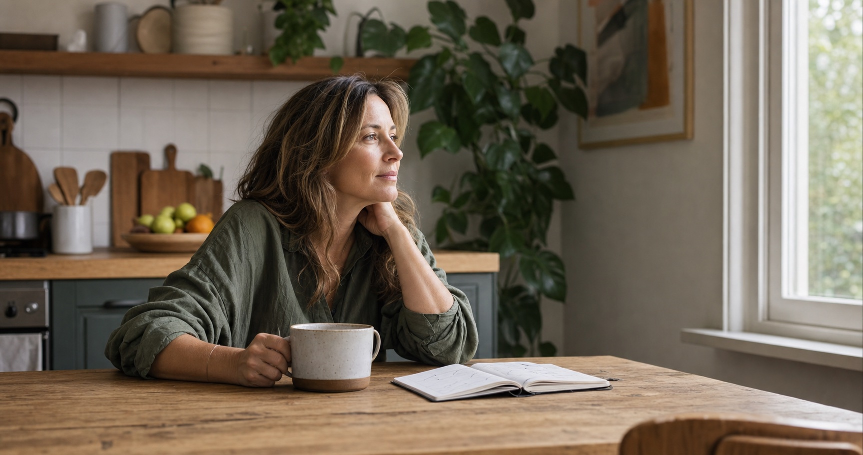 Woman in her forties sitting with a notebook and tea at a warm morning kitchen table