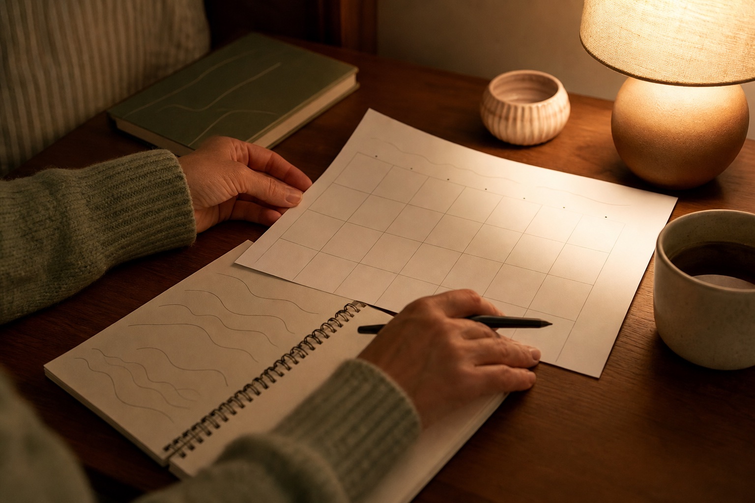 Close view of a hand arranging a blank calendar and sleep notes beside a warm lamp