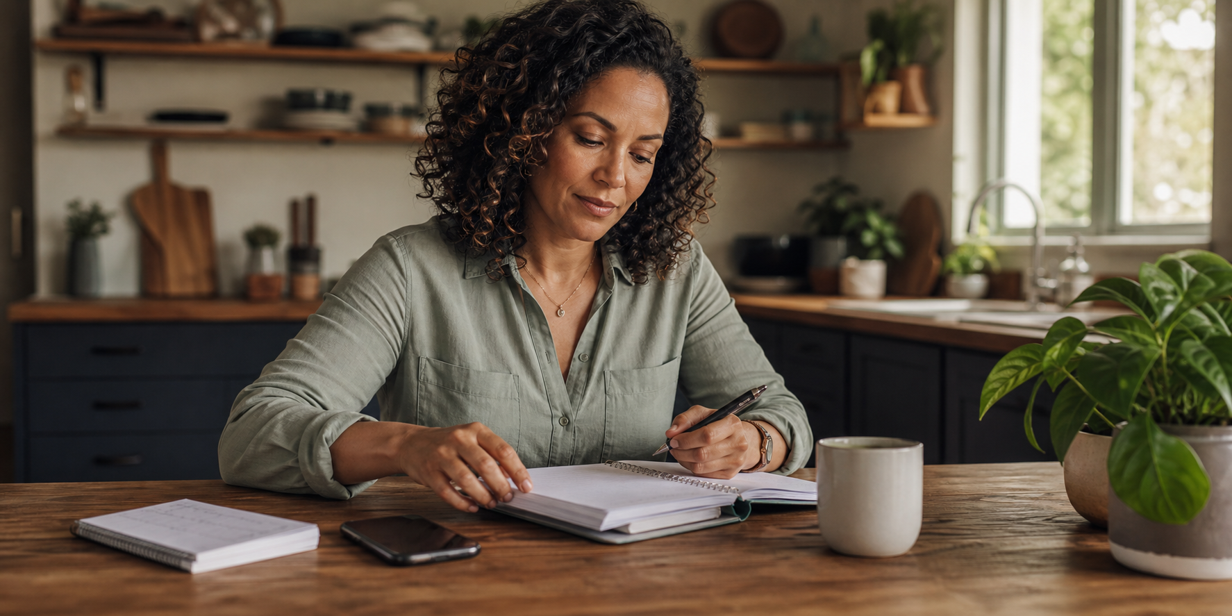 Woman preparing appointment notes at a kitchen table before asking her doctor about perimenopause