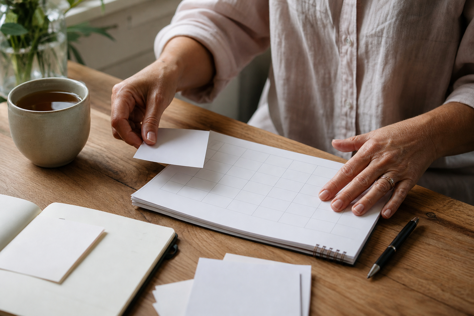 Hands arranging blank appointment notes and a calendar before a perimenopause doctor visit