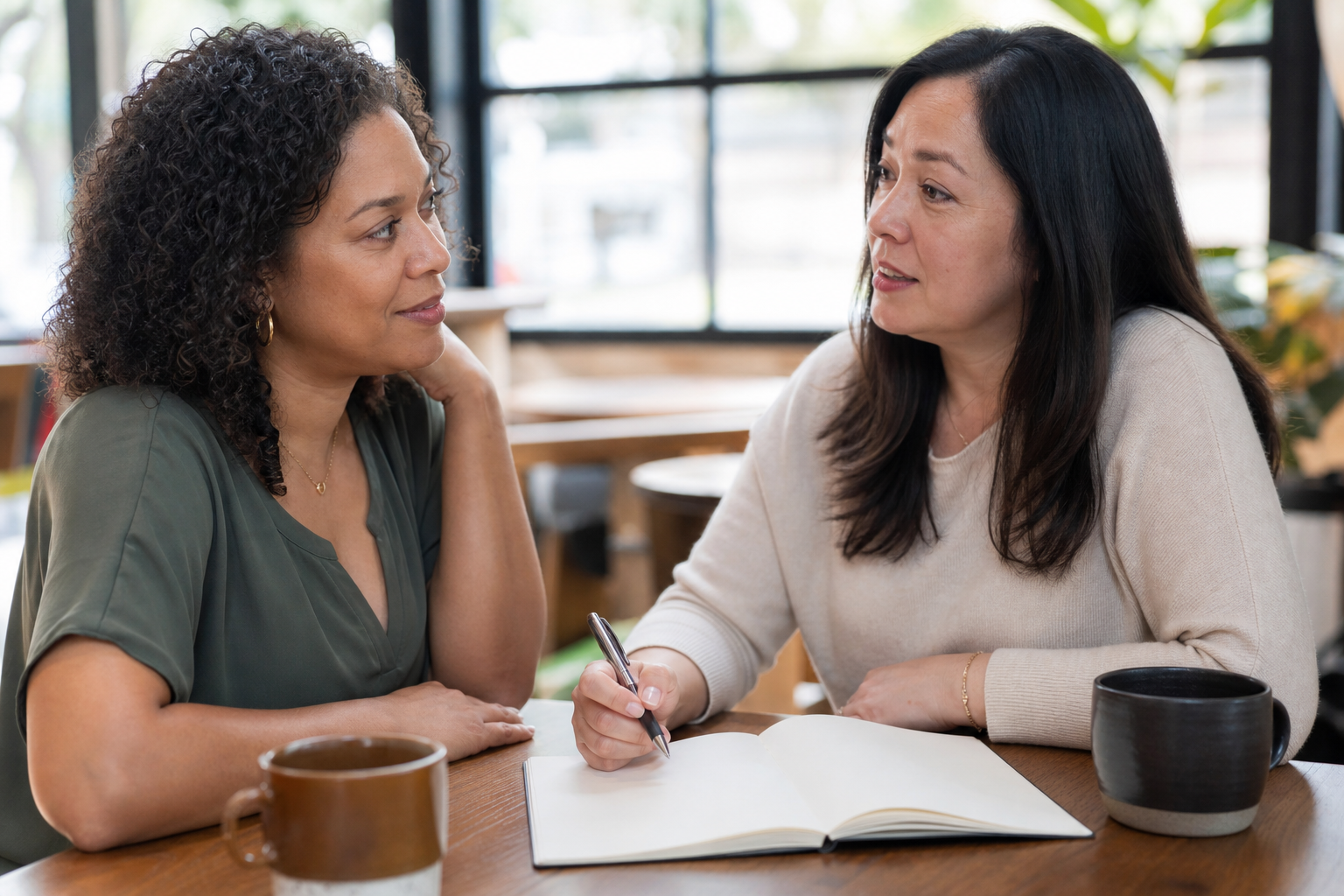 Two midlife women talking supportively over a notebook after a healthcare appointment