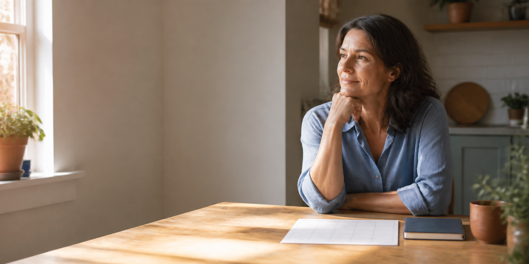Woman sitting at a kitchen table with a blank calendar while thinking about a changing menstrual cycle
