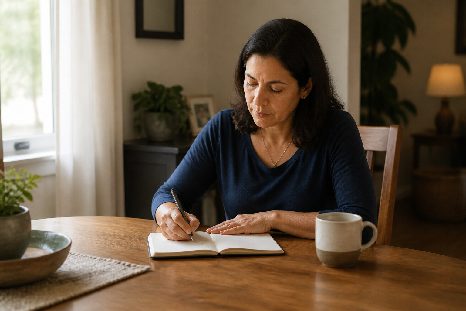 Woman writing cycle dates in a blank notebook at a dining table