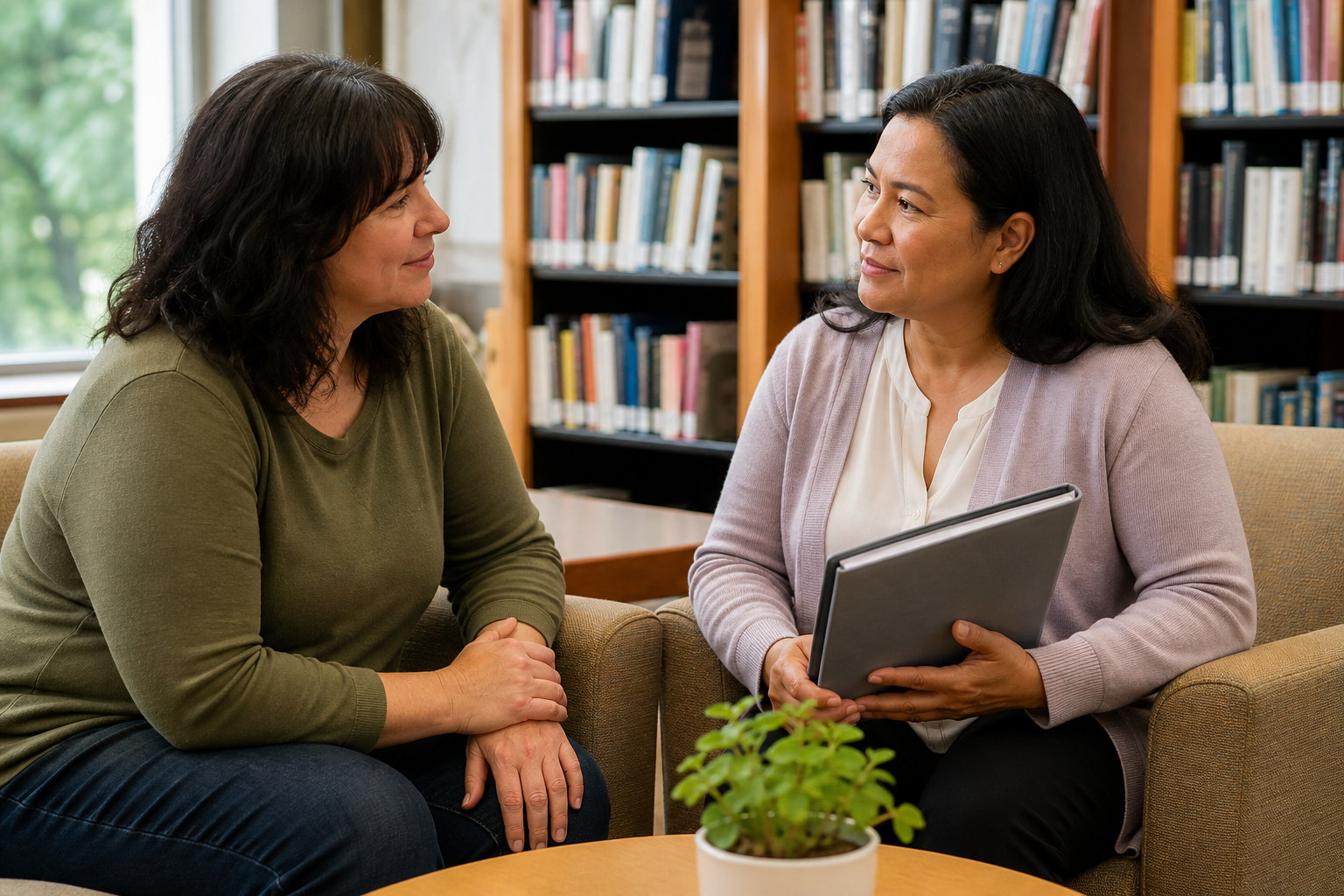 Two women preparing calm appointment notes together in a library