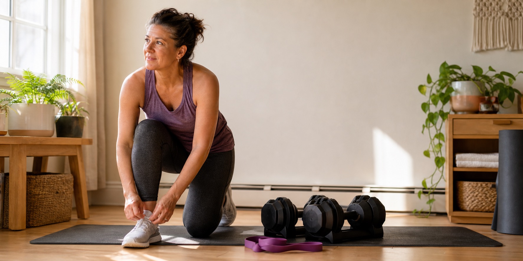 Midlife woman preparing for a comfortable strength-training session in a bright home gym