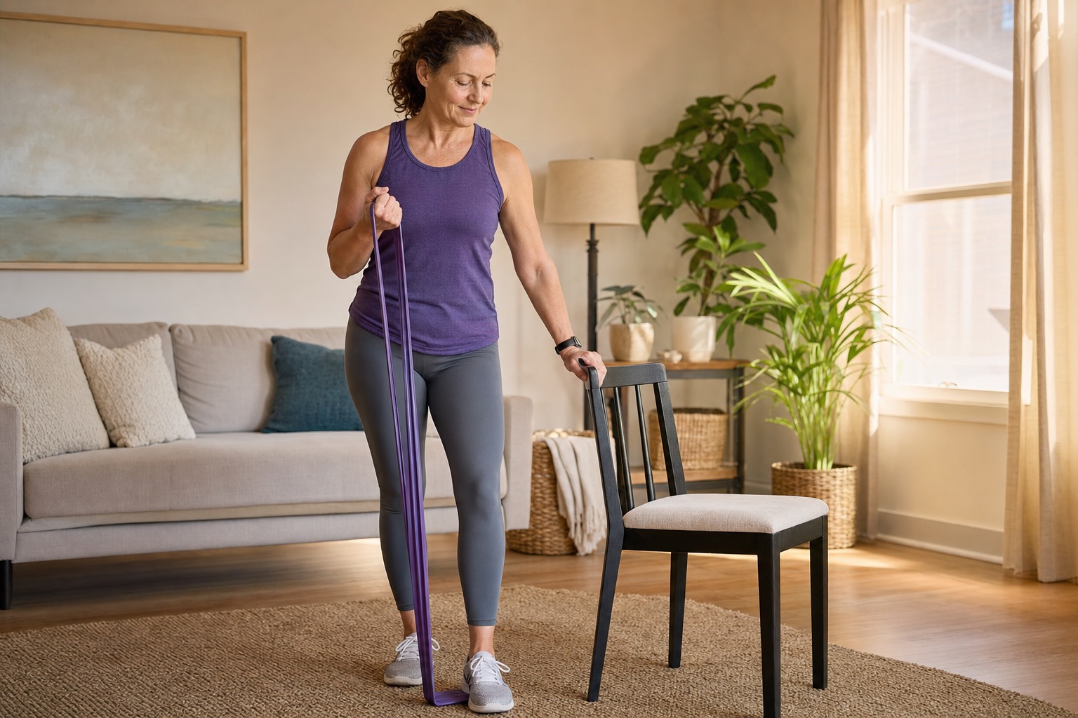 Midlife woman using a resistance band in a calm, sunlit living room