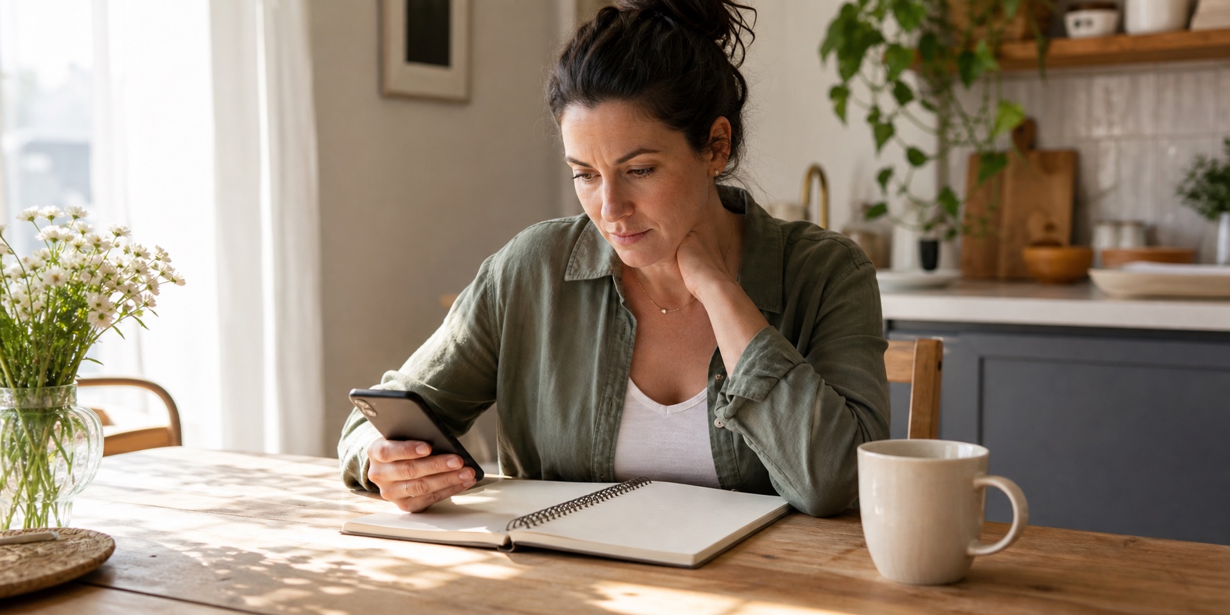 Woman in her late thirties reviewing a symptom notebook and calendar at a sunny kitchen table