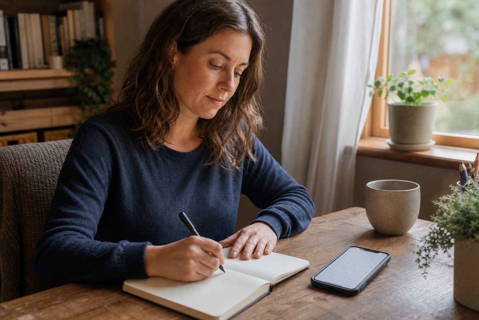 Woman writing down cycle changes and sleep notes in a small notebook beside a phone calendar