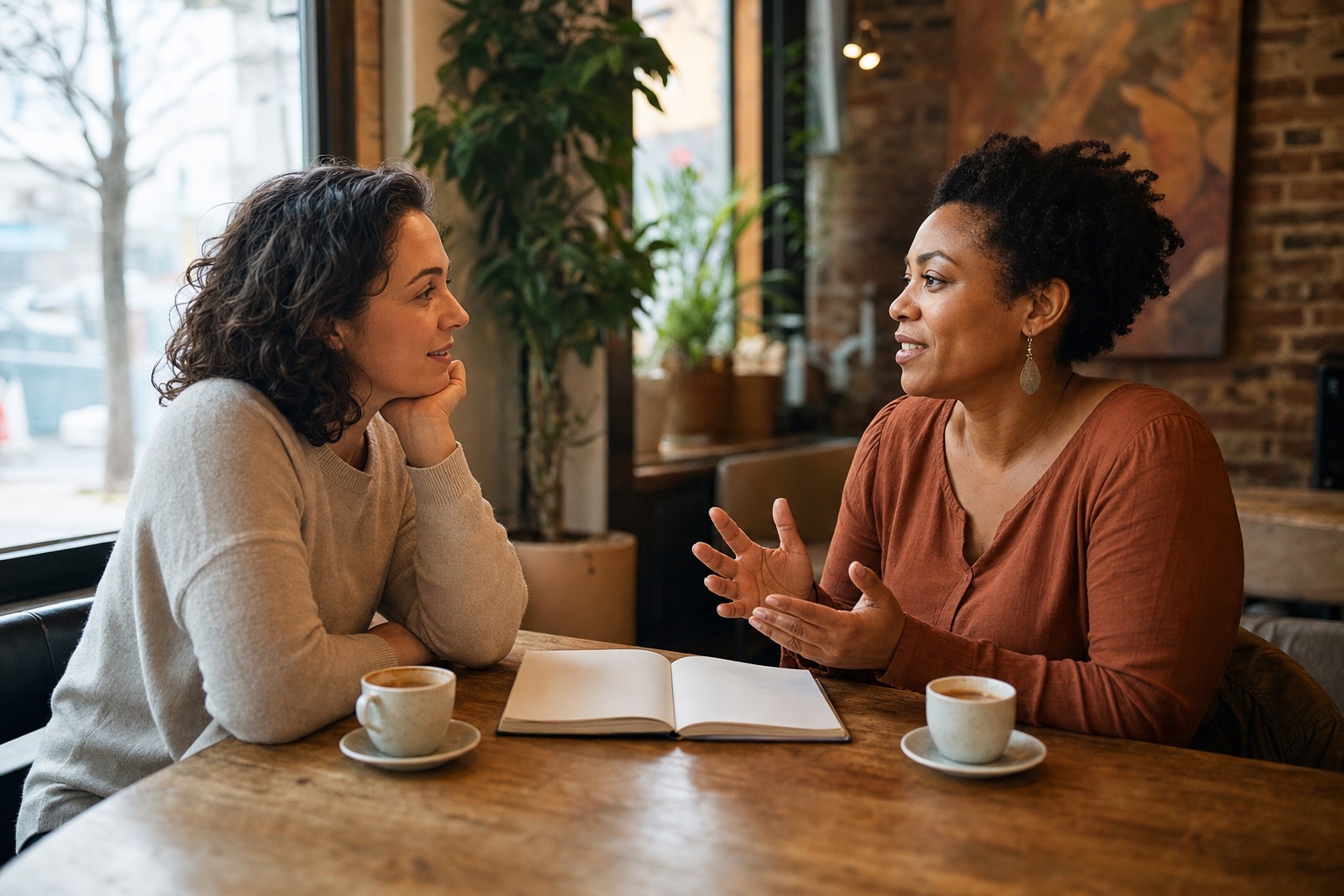 Two women in their late thirties talking over coffee with a notebook open between them