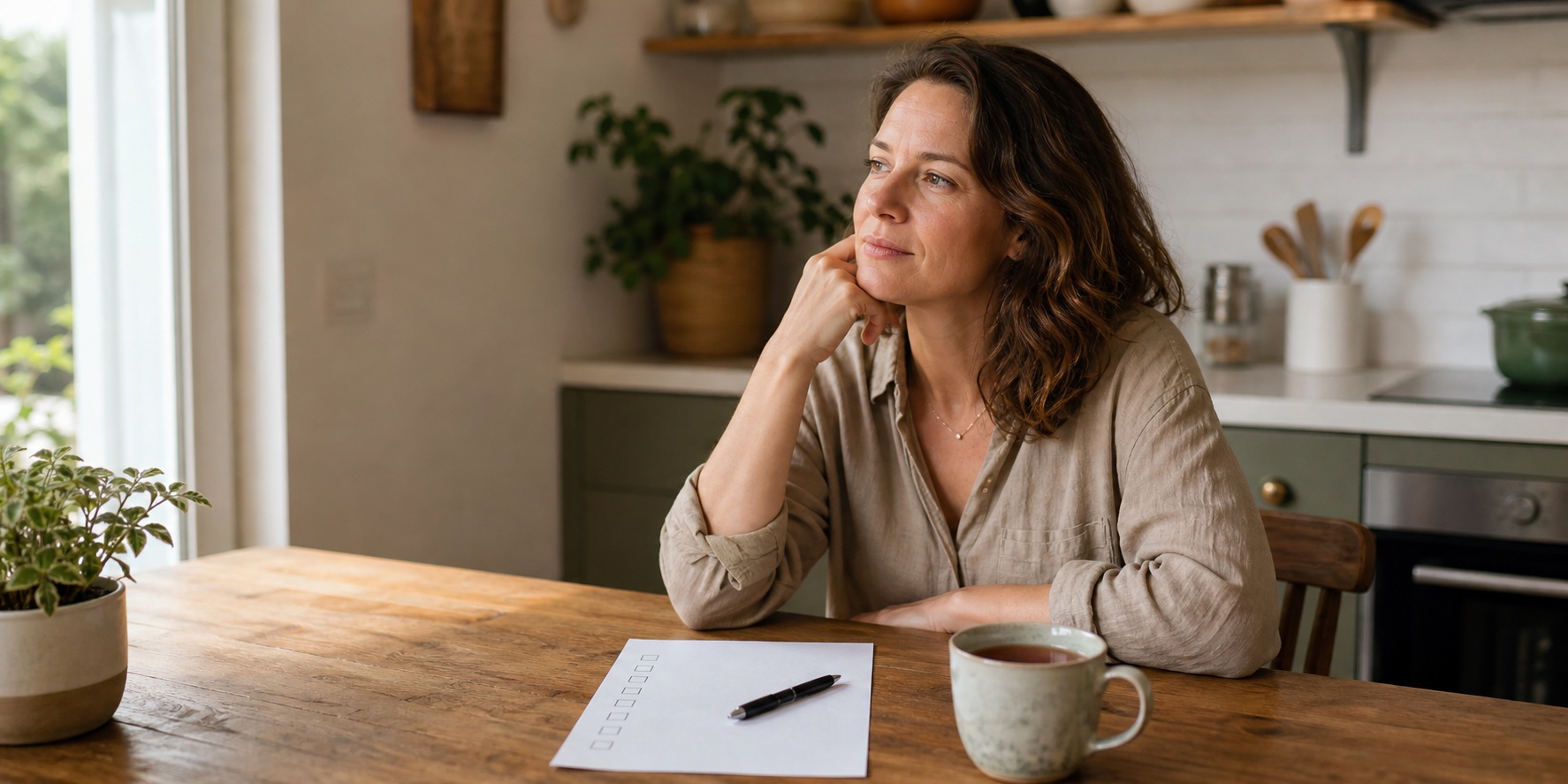 Woman reviewing a blank symptom checklist while thinking about unusual perimenopause symptoms
