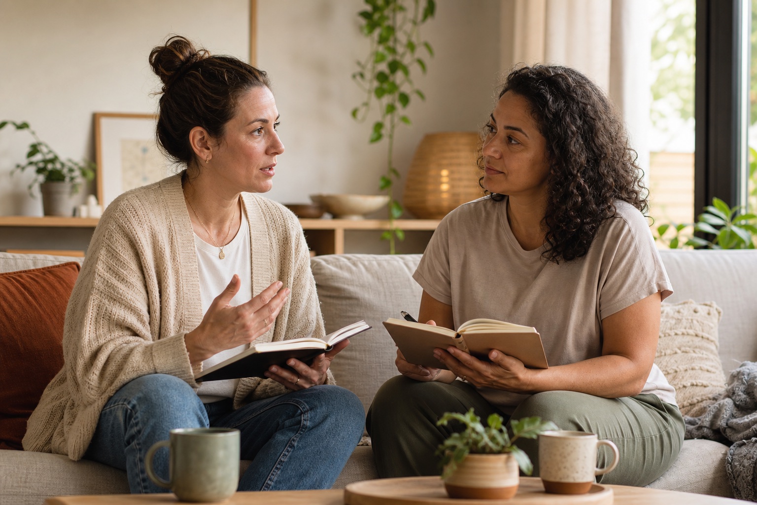 Two women comparing blank notebooks while discussing lesser-known perimenopause symptoms