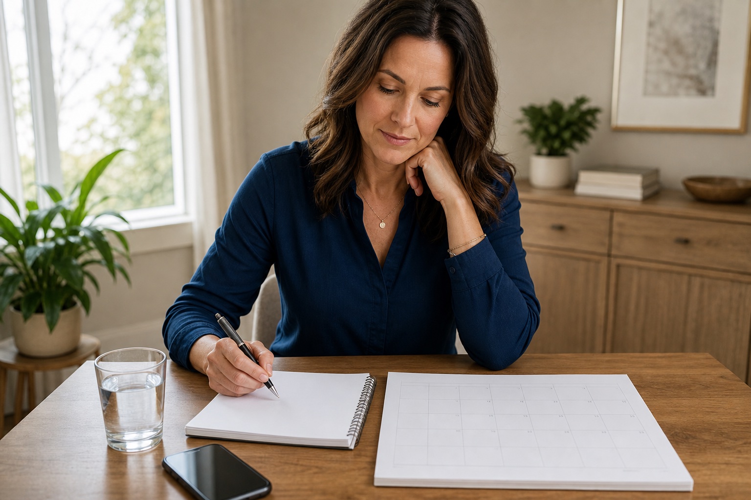 Woman organizing a blank symptom tracker and calendar before a healthcare appointment