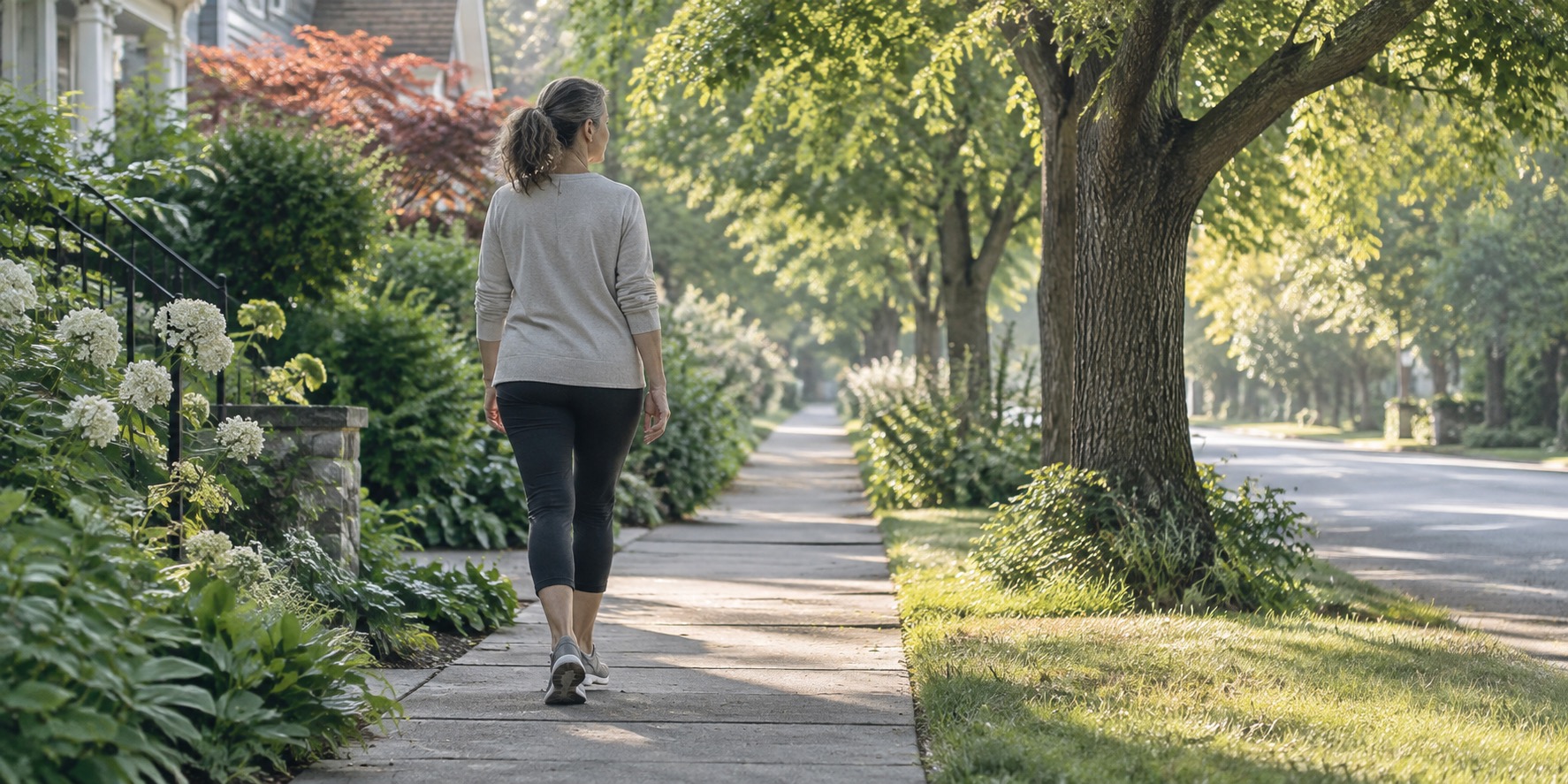 Woman walking on a leafy neighborhood sidewalk in morning light