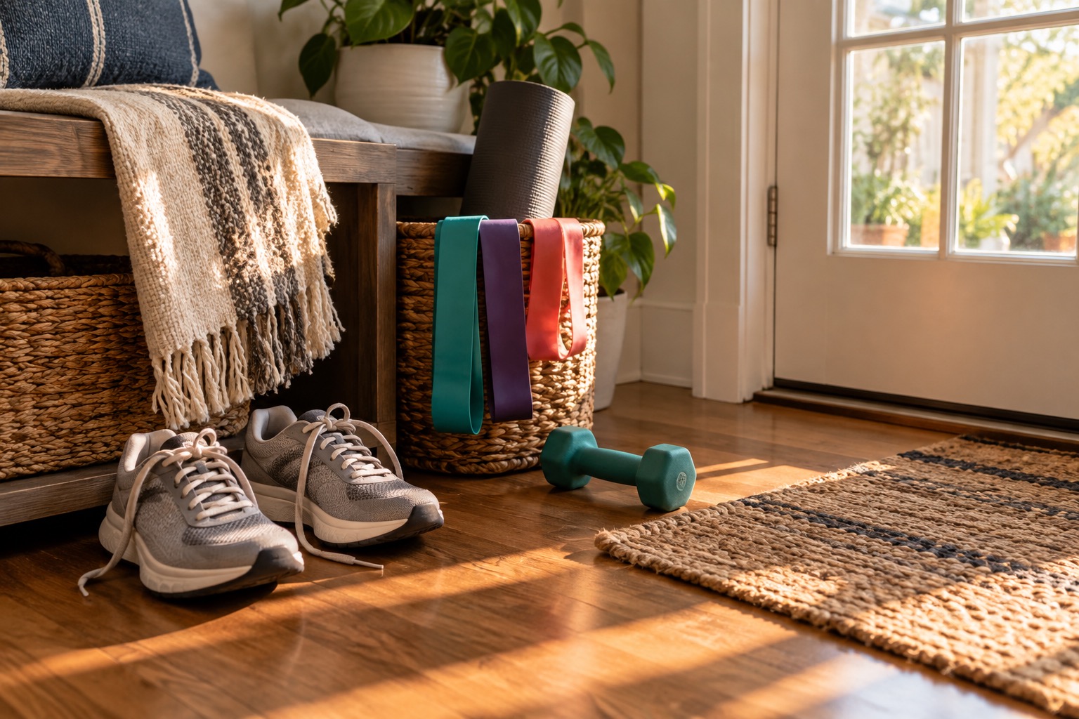 Walking shoes, resistance bands, and an unbranded hand weight stored in a warm home entryway