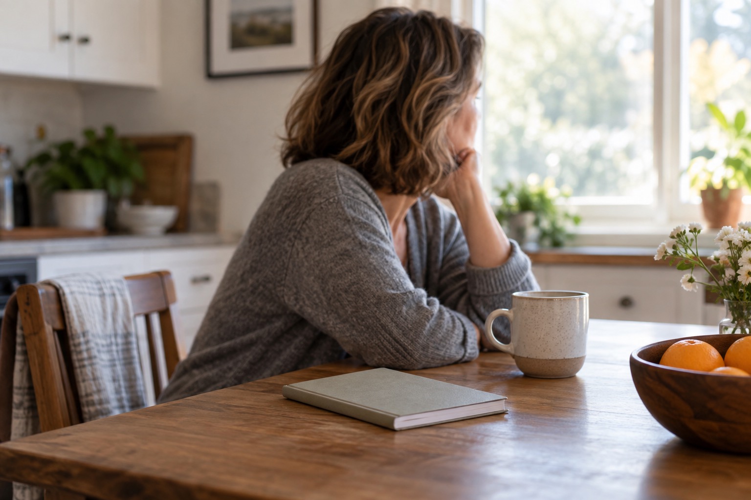 Woman sitting thoughtfully at a kitchen table with a closed notebook before a provider conversation