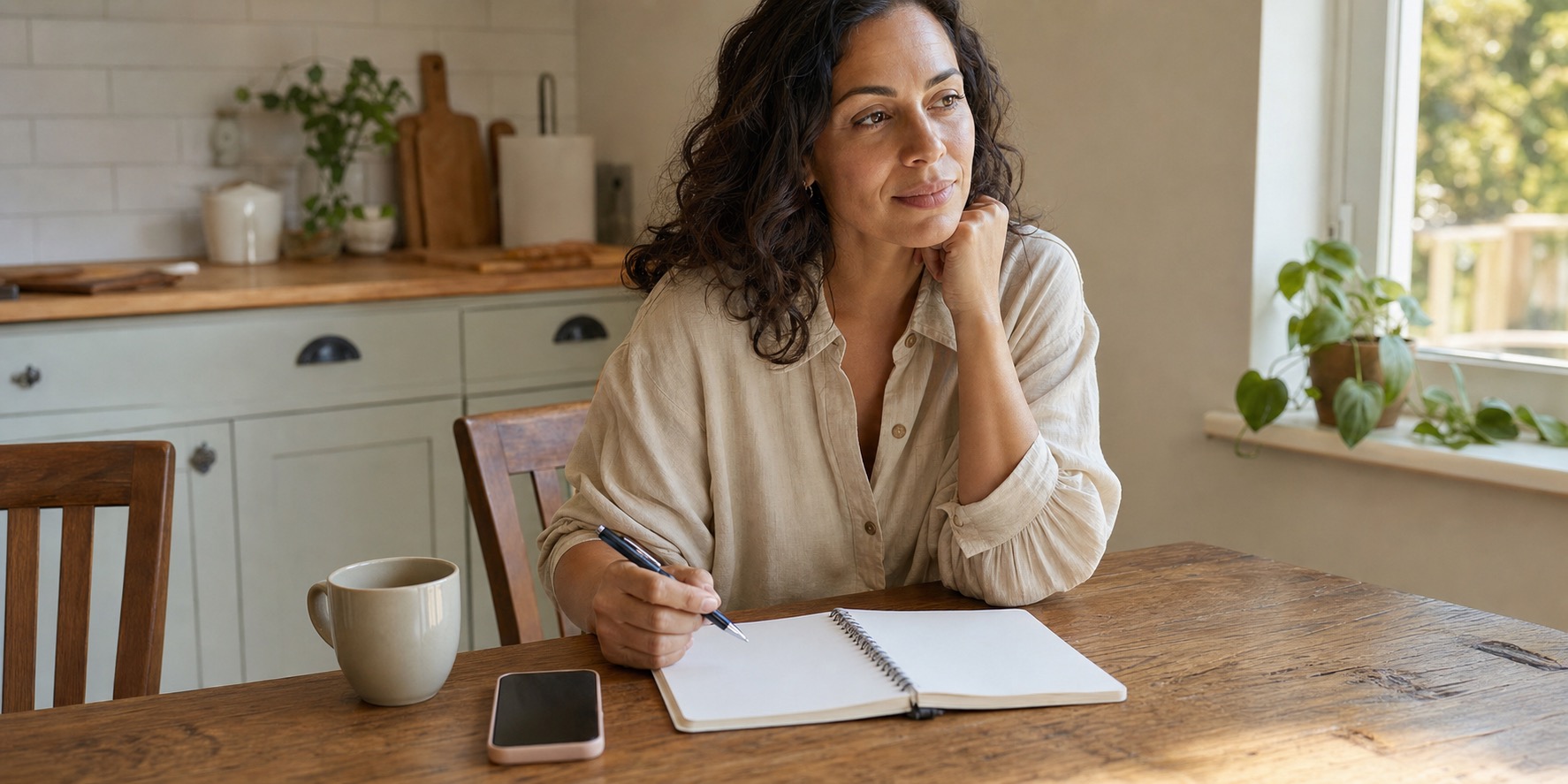 Woman writing notes about weird perimenopause symptoms nobody talks about at her kitchen table