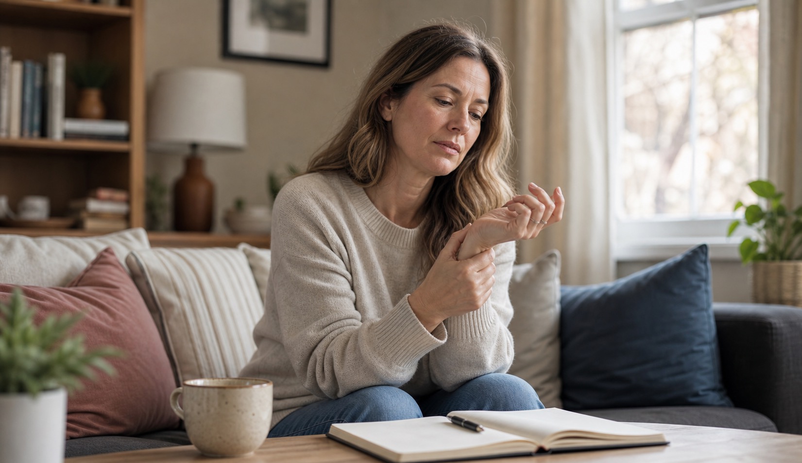 Woman noticing a strange wrist sensation while journaling about weird perimenopause symptoms