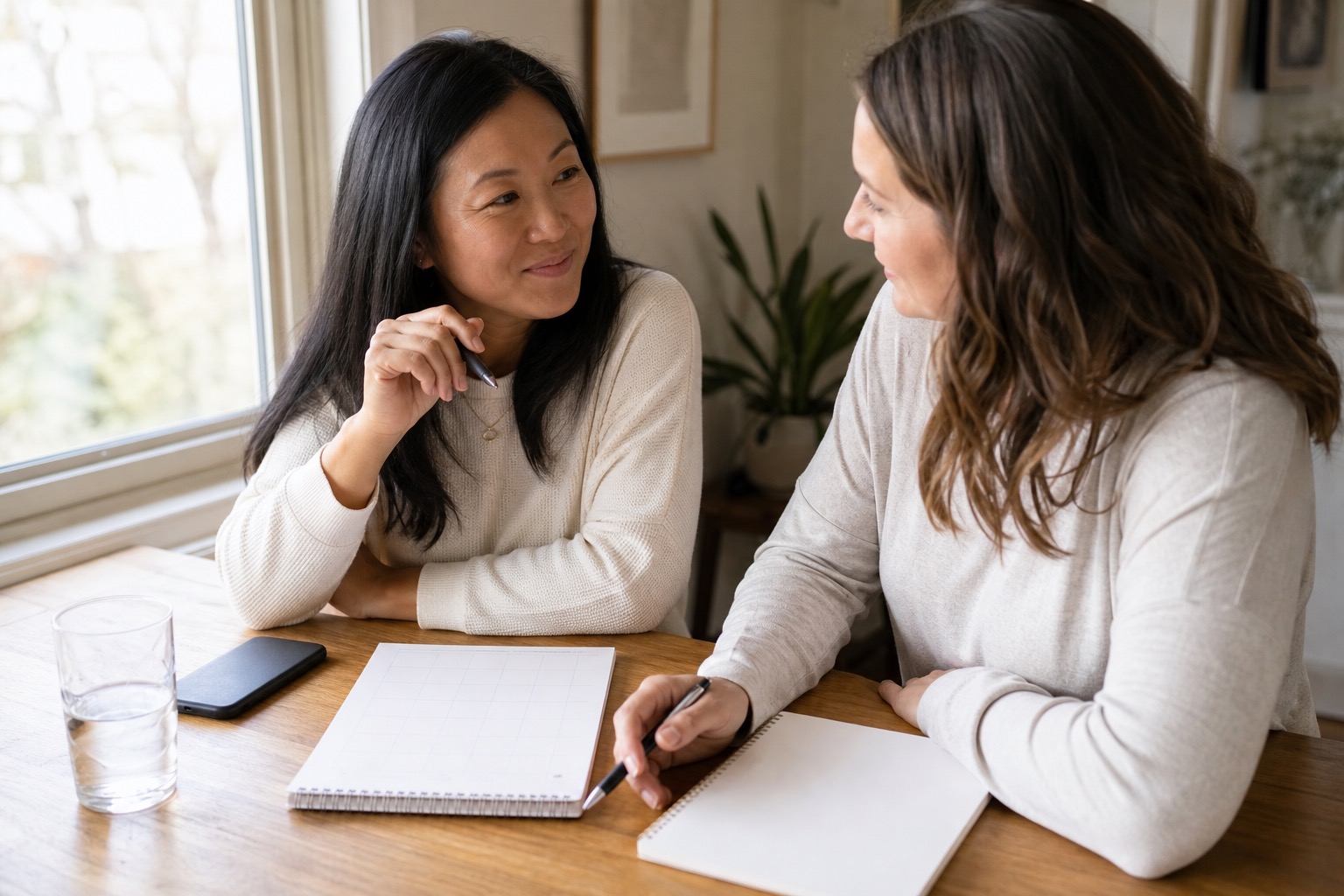 Two women reviewing blank notes and a calendar while tracking weird perimenopause symptoms