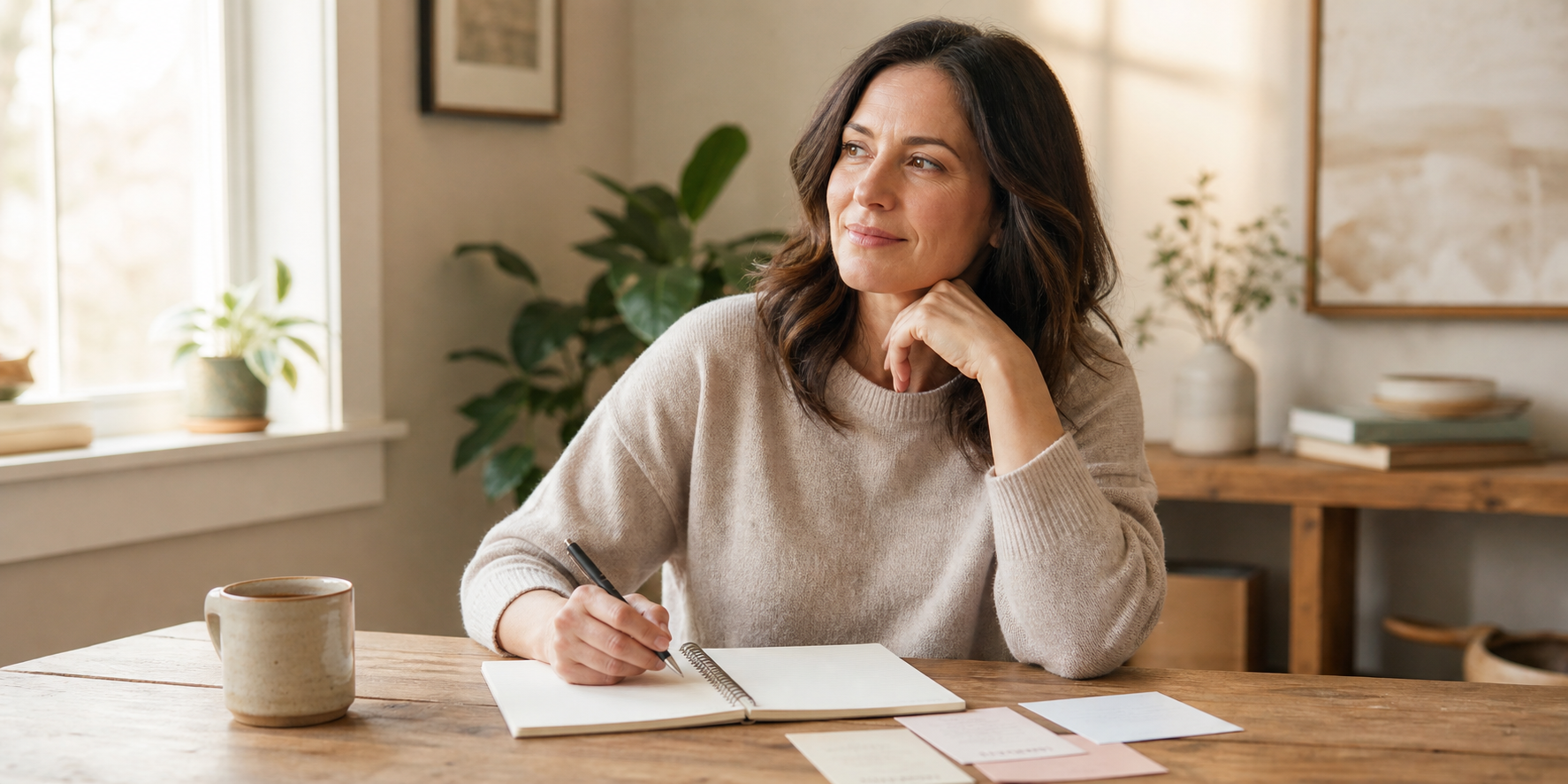Midlife woman choosing between two calm, welcoming healthcare office doors
