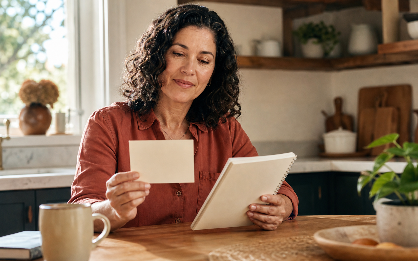 Woman reviewing a short symptom list and provider questions at a sunlit kitchen table