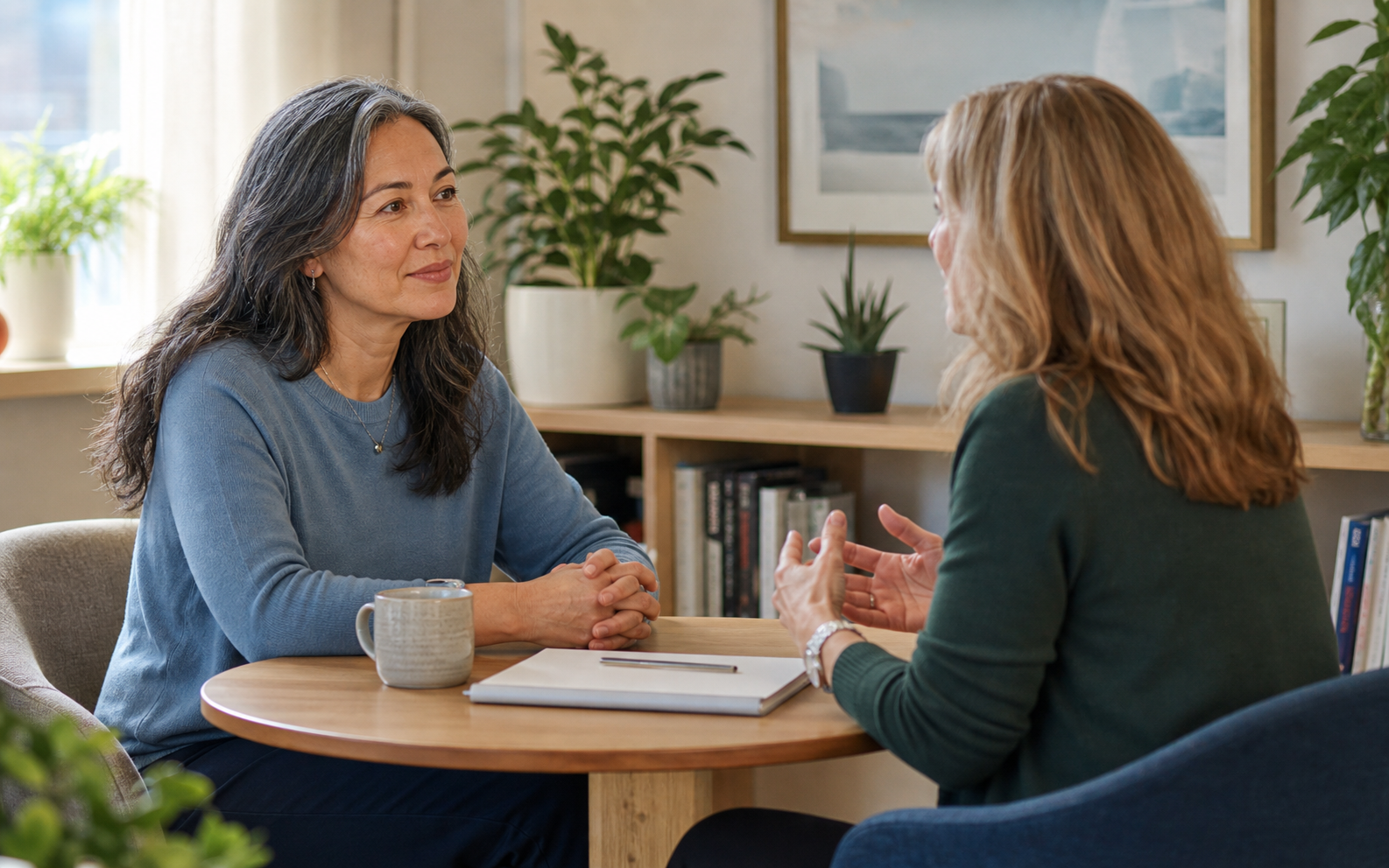 Two women having a relaxed, respectful conversation in a bright nonclinical office