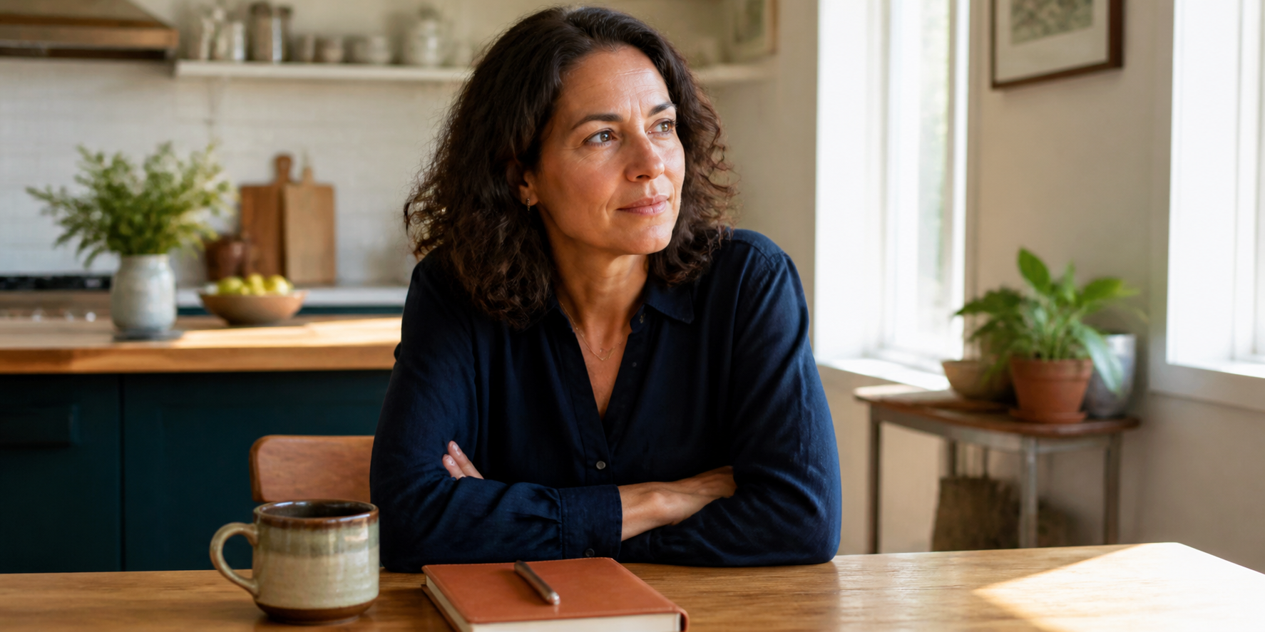 Woman at a kitchen table preparing notes for a provider conversation about a new bloating pattern