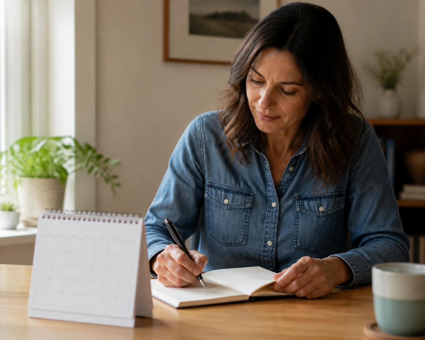 Woman writing a short symptom timeline in a blank notebook before a provider appointment