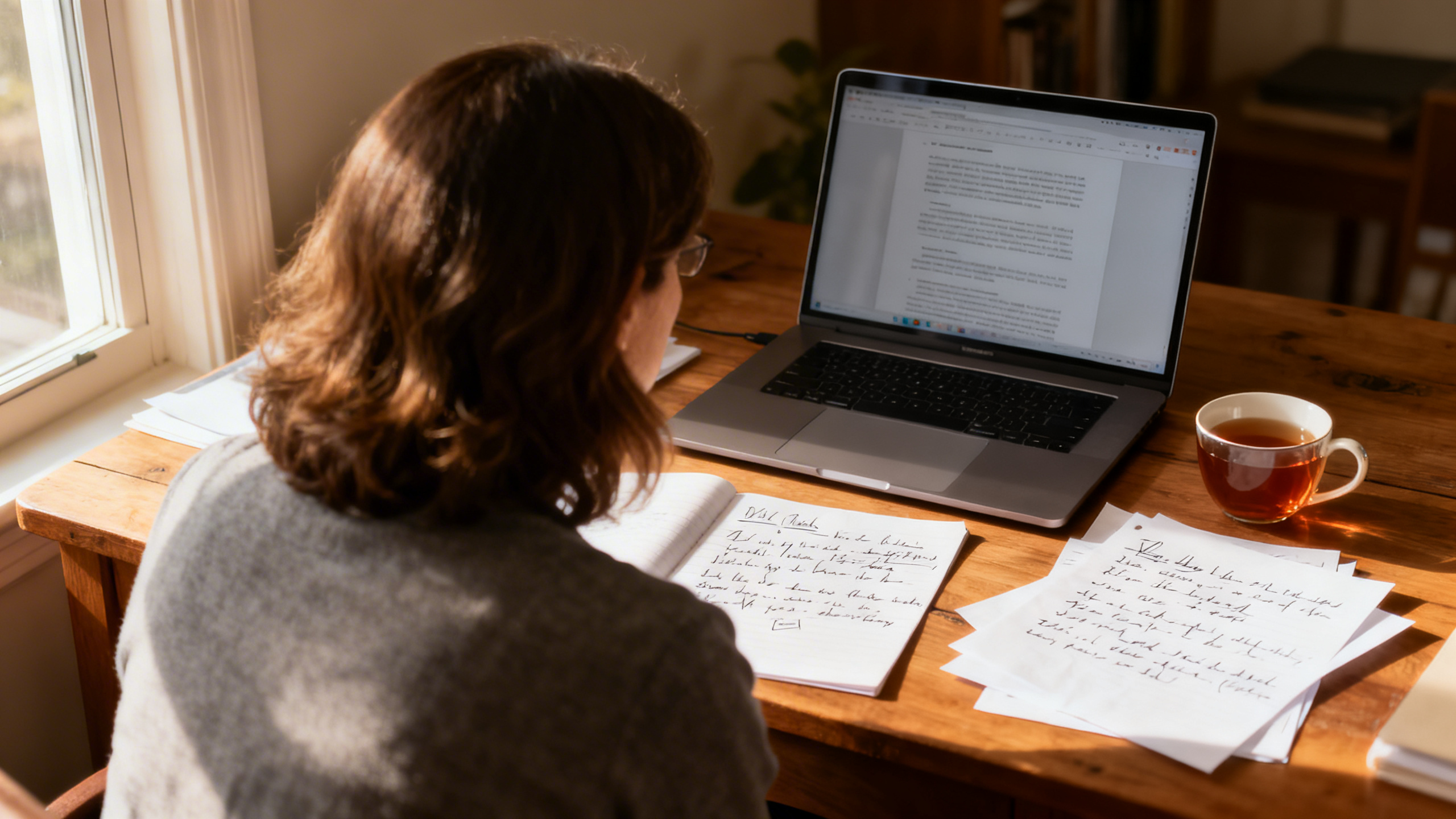 Sarah researching at her desk